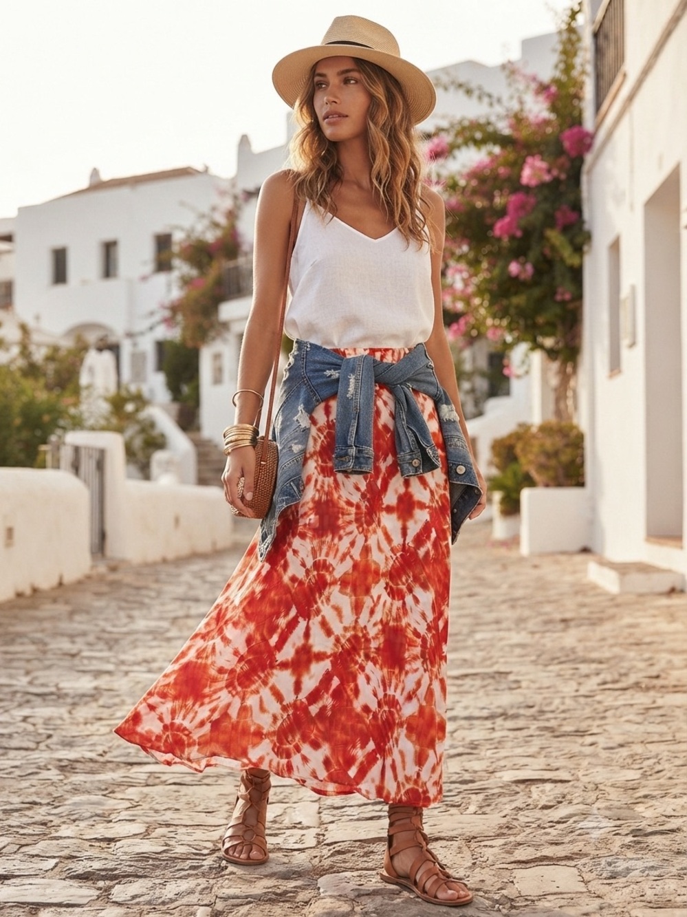 INC International Concepts Red White Tie Dye Maxi Skirt Small Bohemian Flowy - Picture 2 of 8